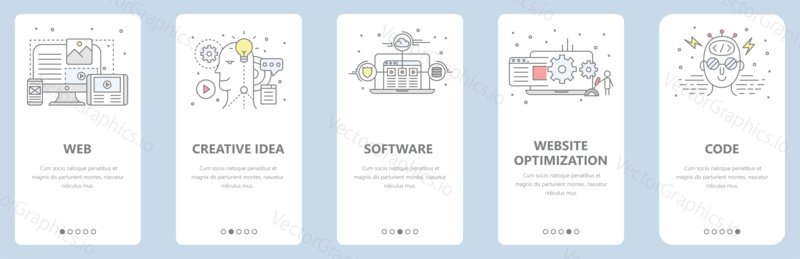 Vector set of vertical banners with web, creative idea, software, website optimization, code concept elements. Thin line flat design symbols, icons for website menu, printing.