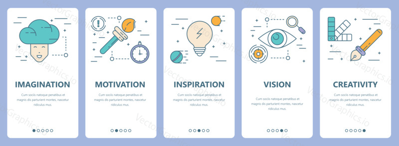 Vector set of innovation concept vertical banners. Imagination, motivation, inspiration, vision and creativity concept elements. Thin line flat design symbols, icons for website menu, print.