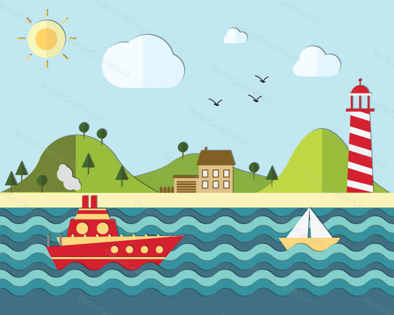 Vector illustration of ship and boat floating by sea. Business and leadership concept design element in flat style.