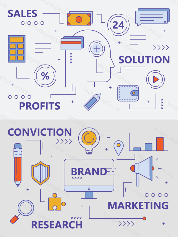 Векторный набор баннеров концепции продаж и маркетинга. Современные тонкие линии плоских элементов дизайна, иконки для веба, маркетинга, презентации и печати.