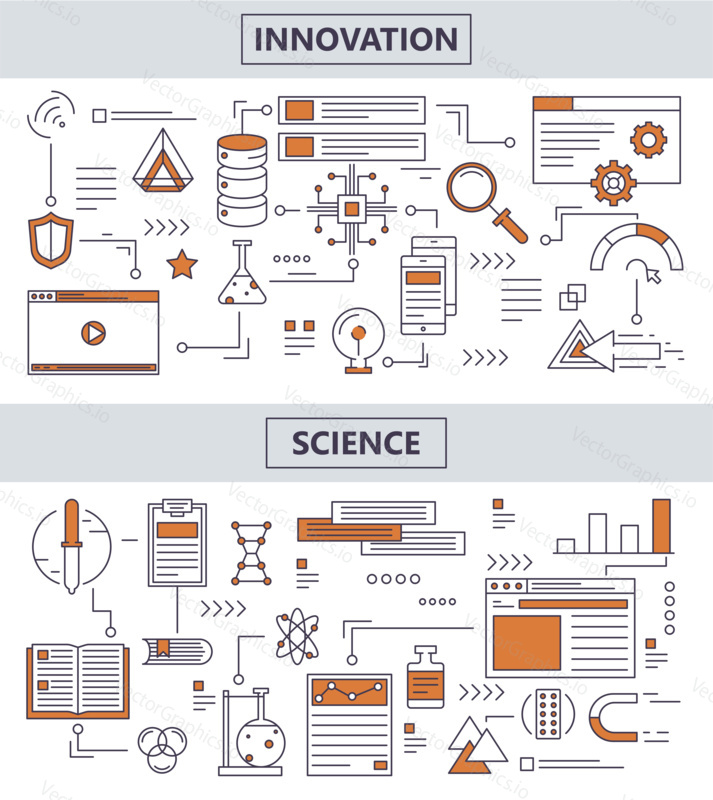 Vector set of Innovation and Science concept banners. Modern thin line flat design elements, icons for web, marketing, presentation and printing.