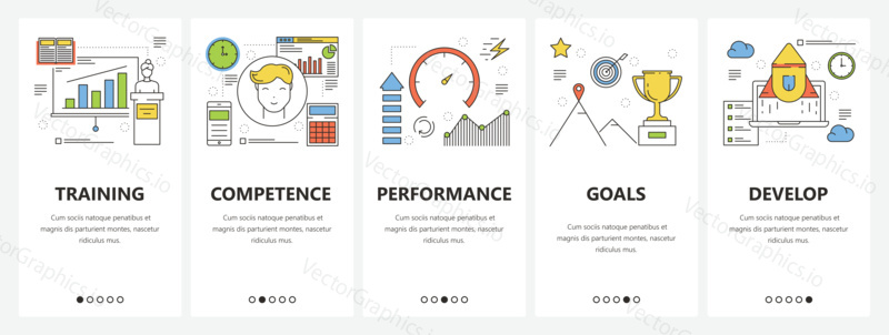 Vector set of career concept vertical banners. Training, Competence, Performance, Goals and Develop templates. Modern thin line flat design elements, symbols, icons for website menu, print.