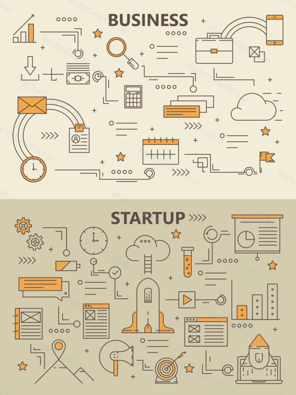 Vector set of Business and Startup concept banners. Modern thin line flat design elements for web, marketing, presentation and printing. Business startup infographics template, icons.