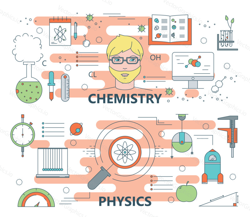 Vector set of chemistry and physics concept horizontal banners. Modern thin line flat design elements, icons for web, presentation and printing.