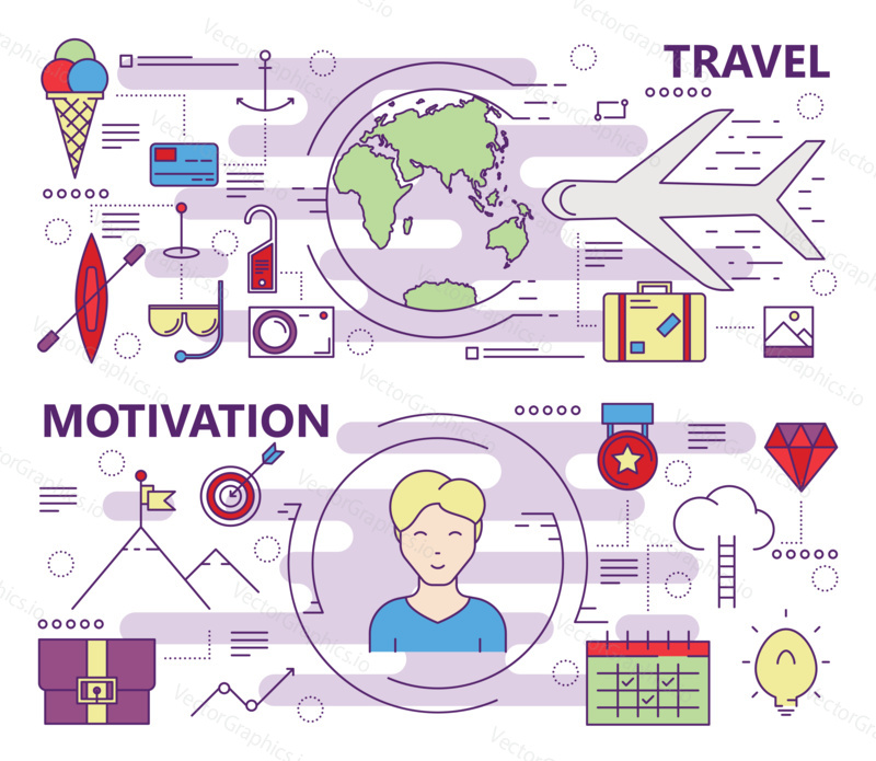 Vector set of travel and motivation concept banners. Modern thin line flat design elements, symbols and icons for web, marketing and printing.