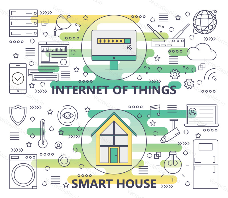 Vector set of Internet of things and Smart House concept banners. Modern thin line flat design elements for web, marketing, presentation and printing.