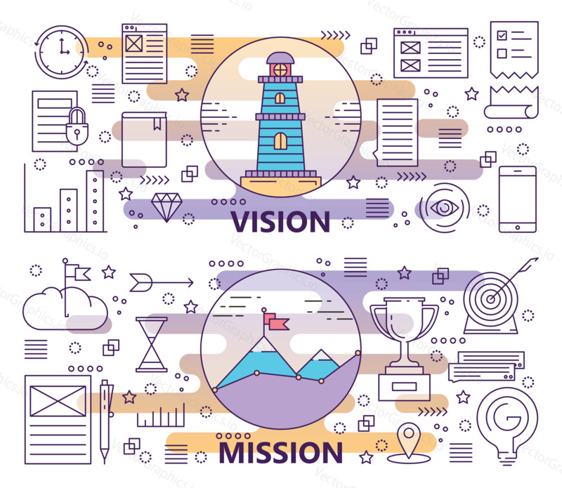 Векторный набор баннеров концепции видения и миссии. Современные тонкие линии плоских элементов дизайна, иконки для веба, маркетинга, презентации и печати.
