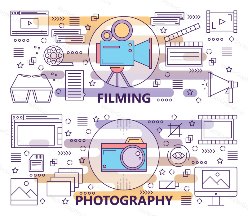 Vector set of Photography and Filming concept banners. Modern thin line flat design elements, icons for web, marketing and printing.