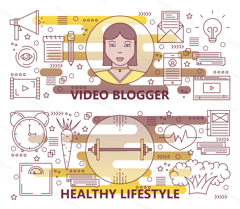 Vector set of Video blogger and Healthy lifestyle concept banners. Modern thin line flat design elements, icons for web, video marketing, presentation and printing.