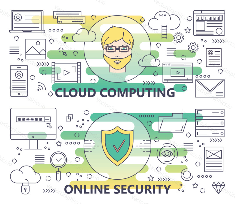Vector set of Cloud computing and Online security concept banners. Modern thin line flat design elements, icons for web, marketing and graphic design.