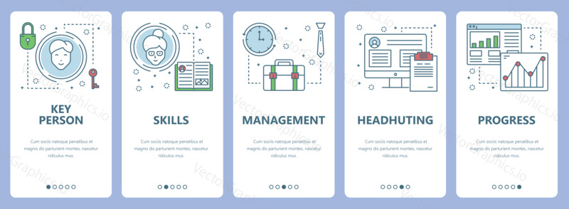 Vector set of vertical banners with Key person, Skills, Management, Headhunting, Progress concept web elements. Modern thin line flat symbols, icons for website menu, print.