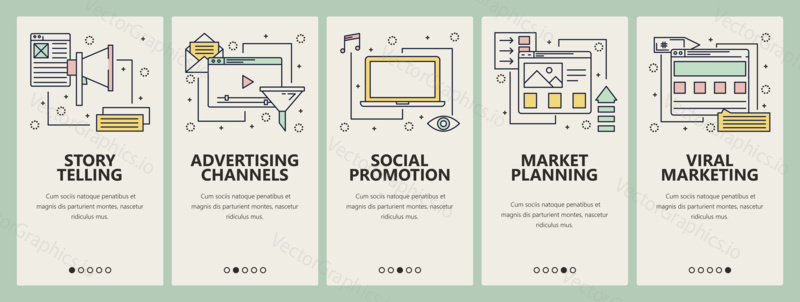 Vector set of digital marketing concept banners. Story telling, Advertising channels, Social promotions, Market planning, Viral marketing templates. Modern thin line flat symbols, icons for web, print