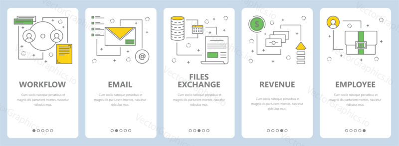 Vector set of project management concept vertical banners. Workflow, Email, Files exchange, Revenue, Employee web templates. Modern thin line flat symbols, icons for web, print.