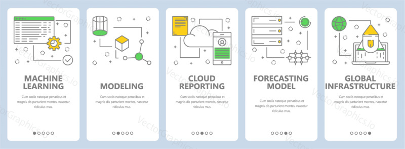 Vector set of data science concept banners. Machine learning, Modeling, Cloud reporting, Forecasting model, Global infrastructure website templates. Modern thin line flat symbols, icons for web, print