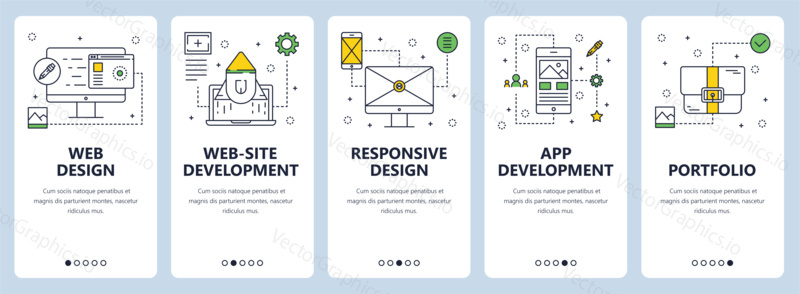 Vector set of web design concept vertical banners. Website development, Responsive design, App development, Portfolio website templates. Modern thin line flat style design elements for web, print.