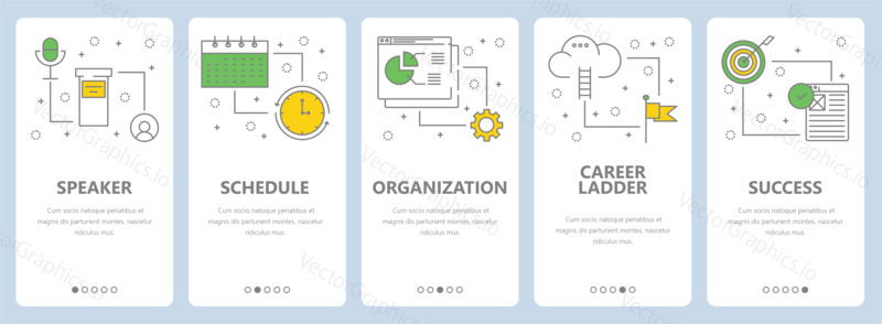 Vector set of business management concept banners. Speaker, Schedule, Organization, Career ladder, Success website templates. Modern thin line flat symbols, icons for web, print.