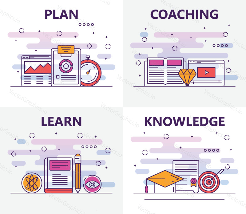 Vector set of training banners with Plan, Coaching, Learn, Knowledge concept templates. Modern thin line flat symbols, icons for web, print.