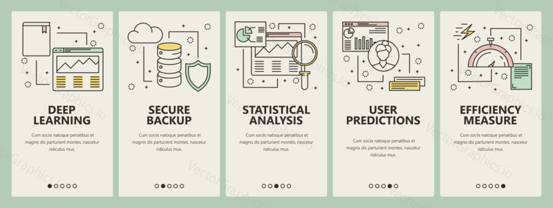 Vector set of data science concept banners. Deep learning, Secure backup, Statistical analysis, User predictions, Efficiency measure web templates. Modern thin line flat symbols, icons for web, print.
