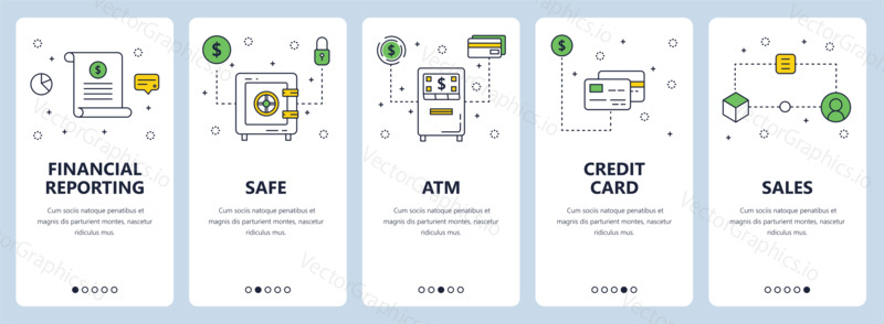 Vector set of vertical banners with Financial reporting, Safe, ATM, Credit card, Sales website templates. Modern thin line flat style design.
