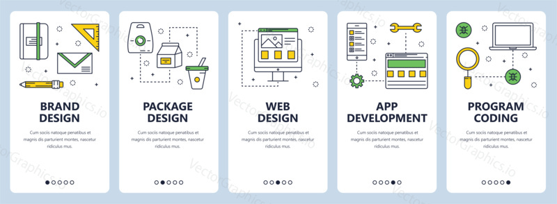 Vector set of vertical banners with Brand design, Package design, Web design, App development, Program coding concept website templates. Modern thin line flat style design.