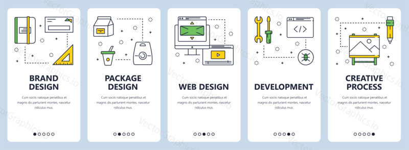 Vector set of vertical banners with Brand design, Package design, Web design, Development, Creative process concept website templates. Modern thin line flat style design.