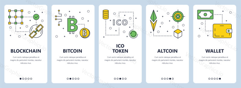 Векторный набор вертикальных баннеров с шаблонами веб-сайтов Blockchain, Bitcoin, ICO token, Altcoin, Wallet concept. Современный дизайн в плоском стиле с тонкой линией.