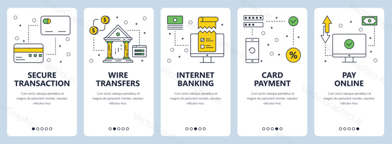 Vector set of vertical banners with Secure transaction, Wire transfers, Internet banking, Card payment, Pay online website templates. Modern thin line flat style design.