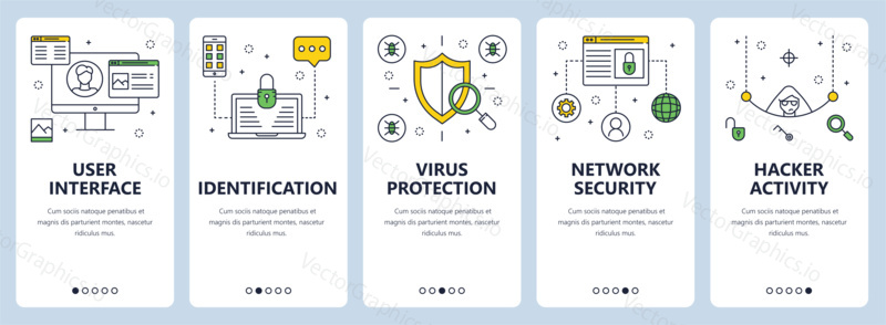 Vector set of vertical banners with User interface, Identification, Virus protection, Network security, Hacker activity website templates. Modern thin line flat style design.