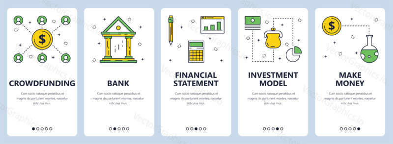Векторный набор вертикальных баннеров с Краудфандингом, Банком, финансовым отчетом, инвестиционной моделью, шаблонами сайтов Make money. Современный дизайн в плоском стиле с тонкой линией.