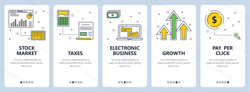 Vector set of vertical banners with Stock market, Taxes, Electronic business, Growth, Pay per click website templates. Modern thin line flat style design.