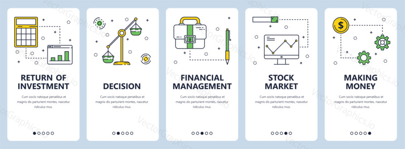 Vector set of vertical banners with Return of investment, Decision, Financial management, Stock market, Making money website templates. Modern thin line flat style design.
