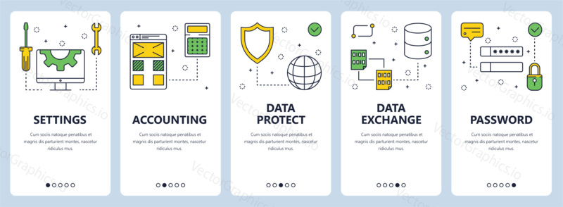 Vector set of vertical banners with Settings, Accounting, Data protect, Data exchange, Password website templates. Modern thin line flat style design.