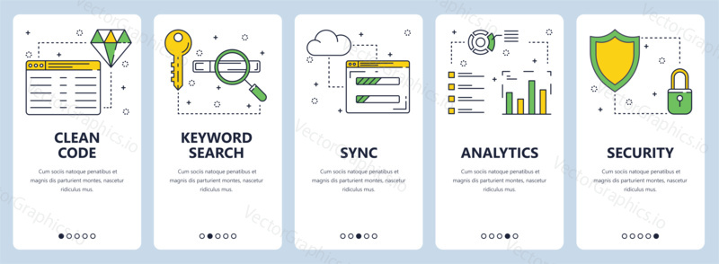 Vector set of vertical banners with Clean code, Keyword search, Sync, Analytics, Security website templates. Modern thin line flat style design.