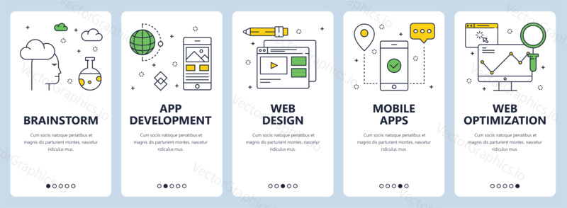 Vector set of vertical banners with Brainstorm, App development, Web design, Mobile apps, Web optimization website templates. Modern thin line flat style design.