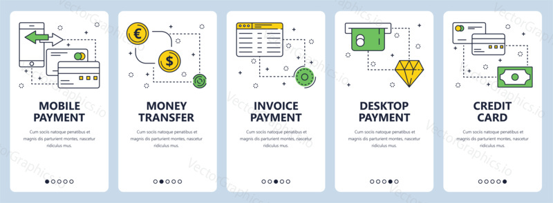 Vector set of vertical banners with Mobile payment, Money transfer, Invoice payment, Desktop payment, Credit card website templates. Modern thin line flat style design.
