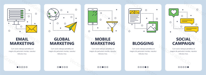 Векторный набор вертикальных баннеров с почтовым маркетингом, Глобальным маркетингом, мобильным маркетингом, блогами, шаблонами сайтов социальных кампаний. Современный дизайн в плоском стиле с тонкой линией.