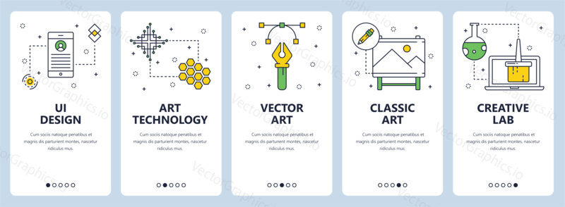 Vector set of vertical banners with UI design, Art technology, Vector art, Classic art, Creative lab website templates. Modern thin line flat style design.