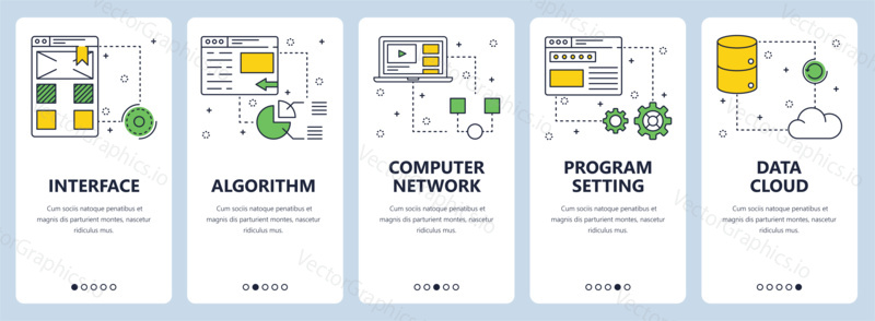 Vector set of vertical banners with Interface, Algorithm, Computer network, Program setting, Data cloud website templates. Modern thin line flat style design.