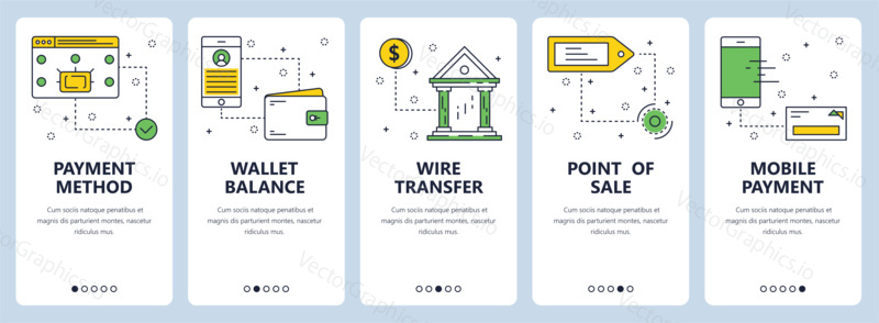 Vector set of vertical banners with Payment method, Wallet balance, Wire transfer, Point of sale, Mobile payment website templates. Modern thin line flat style design.