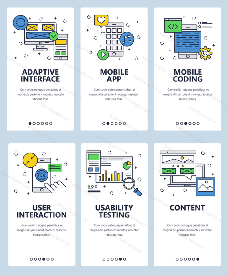 Vector set of mobile app onboarding screens. Adaptive interface, Mobile app, Mobile coding, User interaction, Usability testing, Content web templates and banners. Thin line art style design icons.