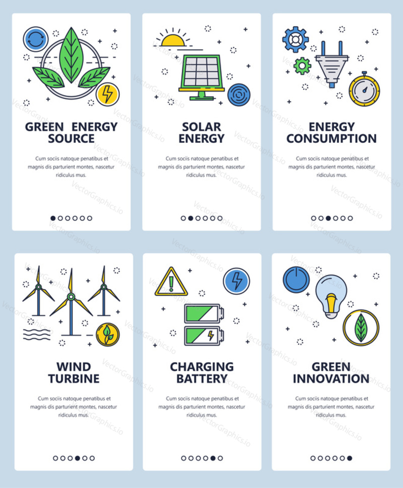 Vector set of mobile app onboarding screens. Green energy source, Solar energy, Energy consumption, Wind turbine, Charging battery, Green innovation web templates, banners. Thin line art style design.