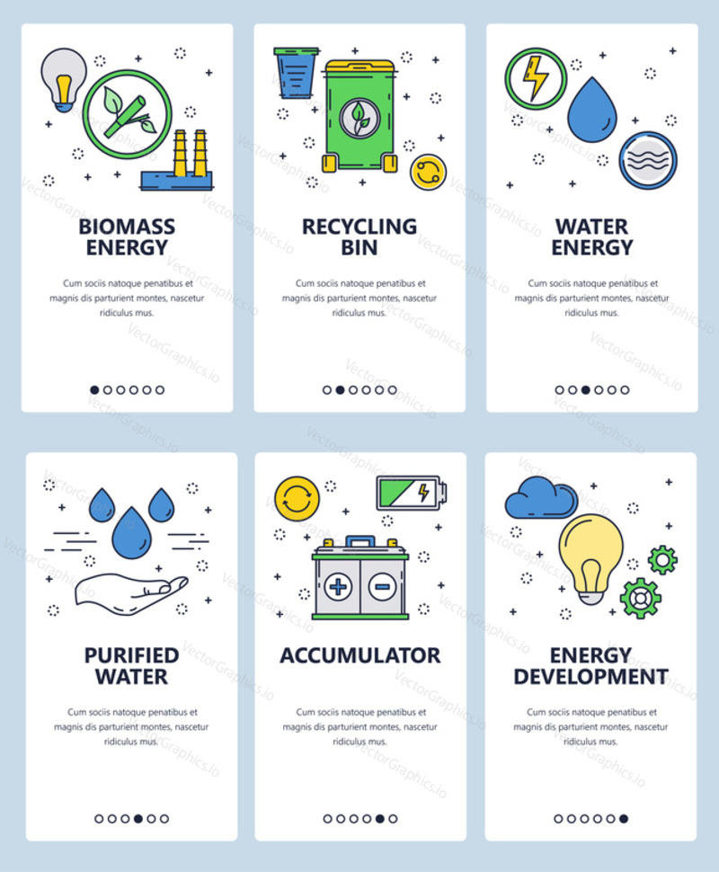 Vector set of mobile app onboarding screens. Biomass energy, Recycling bin, Water energy, Purified water, Accumulator, Energy development web templates and banners. Thin line art style design icons.