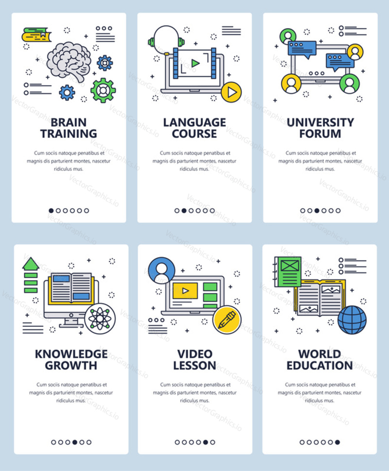 Vector set of mobile app onboarding screens. Brain training, Language course, University forum, Knowledge growth, Video lesson, World education web templates, banners. Thin line art style design icons
