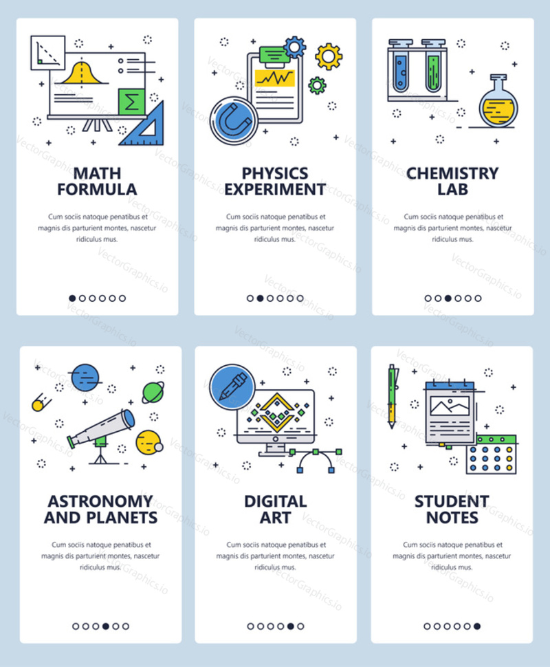 Vector set of mobile app onboarding screens. Math formula, Physics experiment, Chemistry lab, Astronomy and planets, Digital art, Student notes web templates, banners. Thin line art style design icons