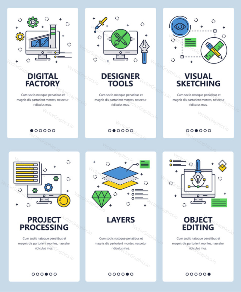 Vector set of mobile app onboarding screens. Digital factory, Designer tools, Visual sketching, Project processing, Layers, Object editing web templates and banners. Thin line art style design icons.