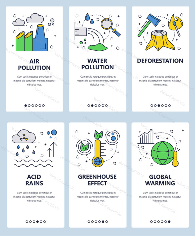 Vector web site linear art onboarding screens template. Global warming and industrial pollution. Ecology problems. Menu banners for website and mobile app development. Modern design flat illustration