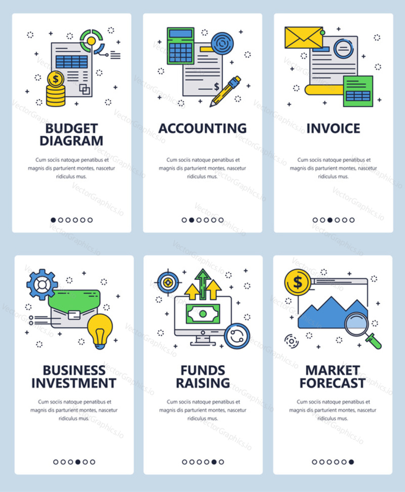 Vector set of mobile app onboarding screens. Budget diagram, Accounting, Invoice, Business investment, Funds raising, Market forecast web templates and banners. Thin line art style design icons.