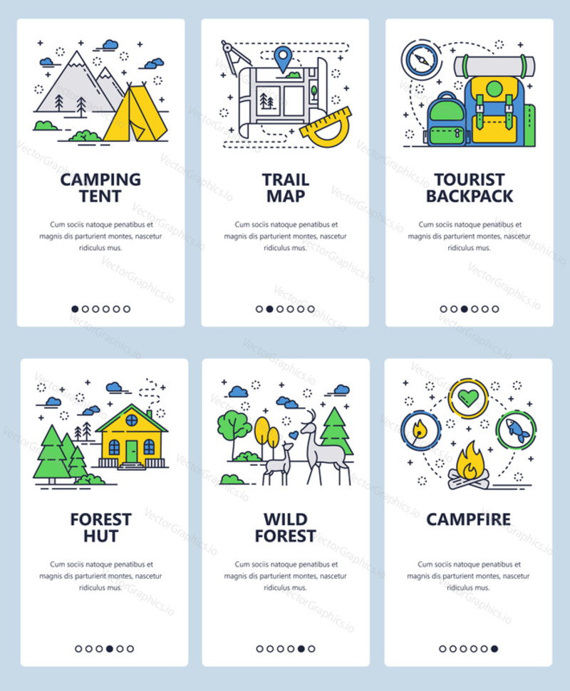 Vector web site linear art onboarding screens template. Outdoor camping and hiking travel. Backpack, campfire, forest trail. Menu banners for website and mobile app development
