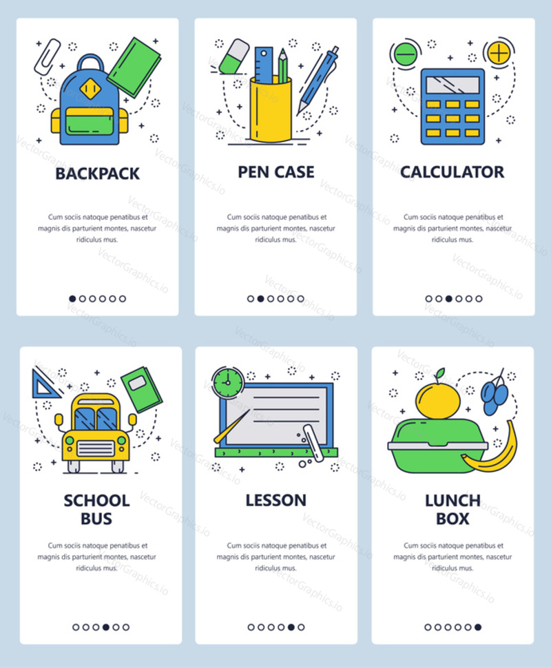 Vector web site linear art onboarding screens template. Education and school accessories. School bus, calc, pupil backpack. Menu banners for website and mobile app development.