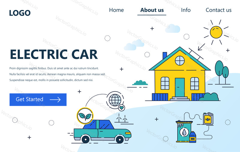 Vector web site linear art design template. Electric car and solar panel power source. Landing page concepts for website and mobile development. Modern flat illustration
